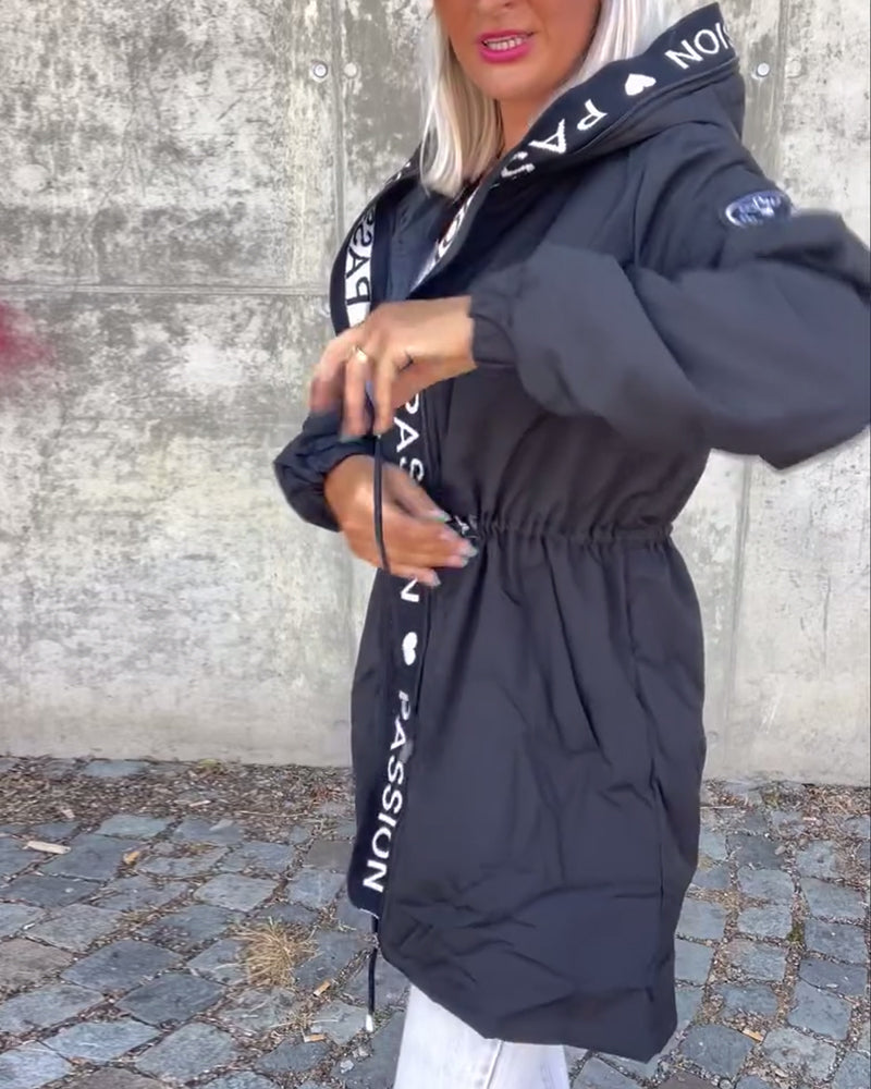 Casual Hooded Coat with Drawstring and Letter Print