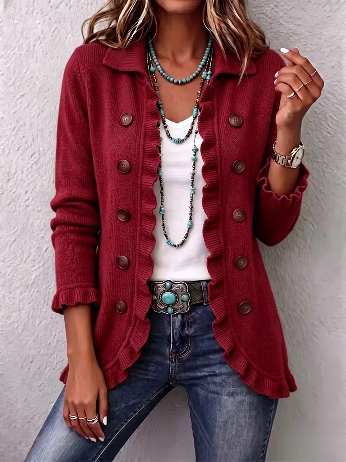 Rosalía | Ruffled Ruby Red Knit Jacket