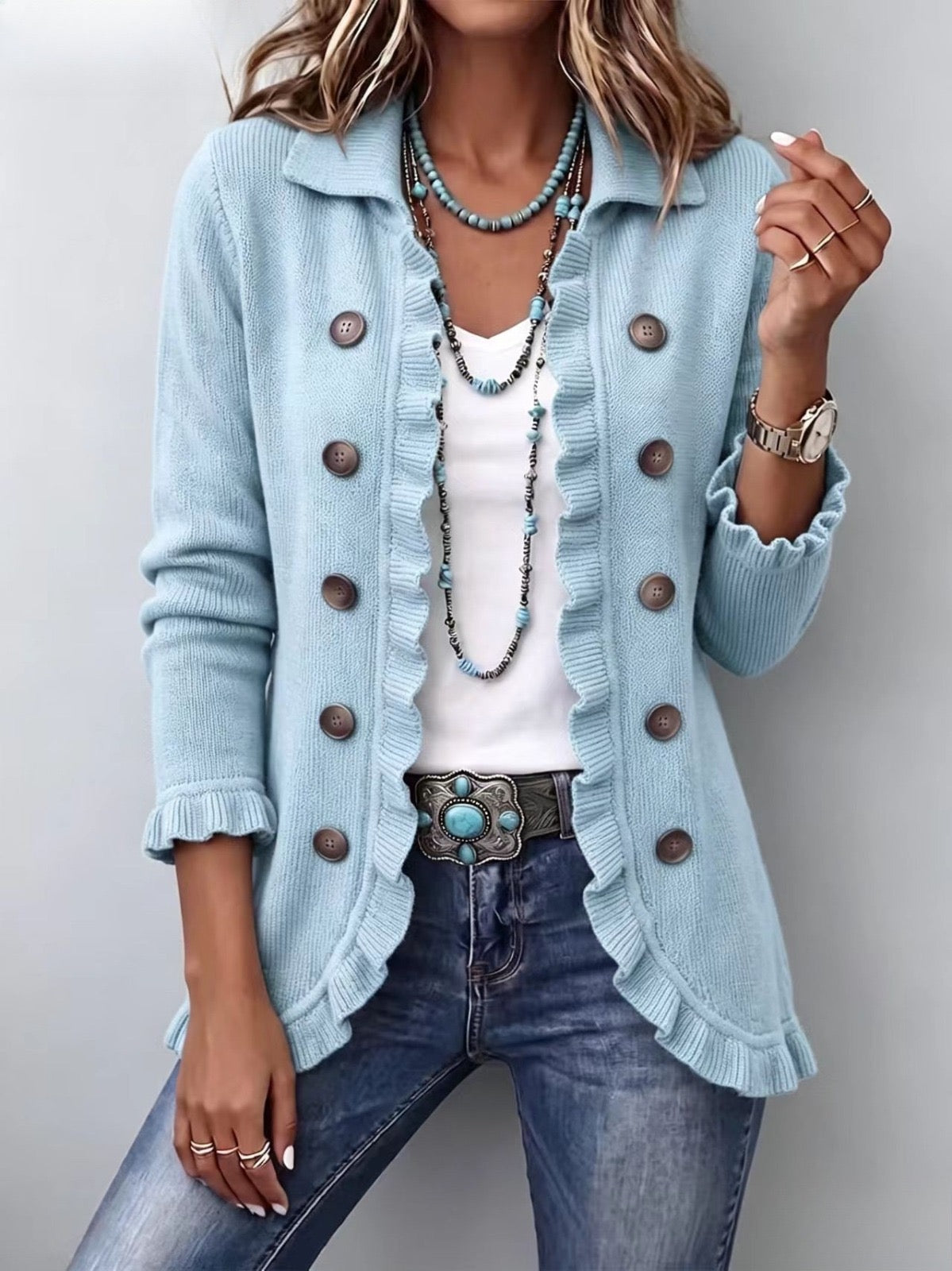 Cecilia | Ruffled Powder Blue Knit Jacket