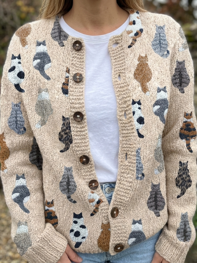 Cozy Cat-Print Button Cardigan