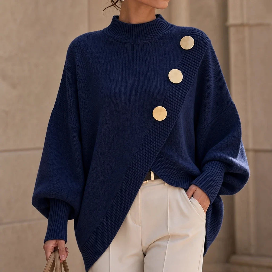 Hemline – Asymmetric Mock-Neck Button Knit Sweater