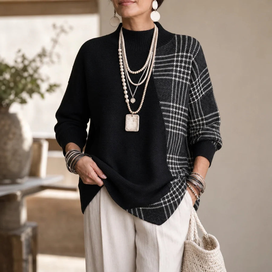 Plaidelle – Asymmetrical Plaid Panel Knit Sweater