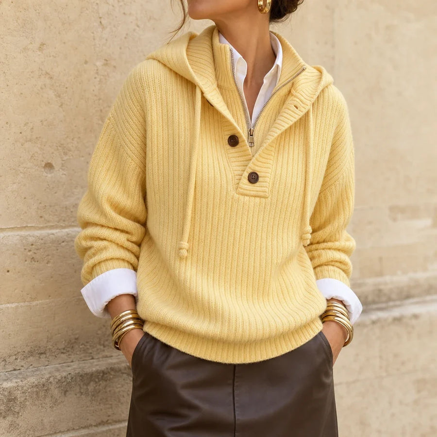 Sunlithe – Hooded Ribbed Collar Half-Zip Knit Pullover