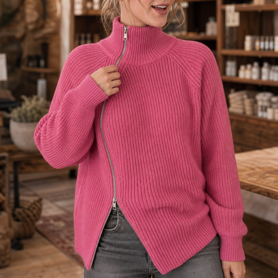 Wearbella – Asymmetric Zip Ribbed Knit Sweater