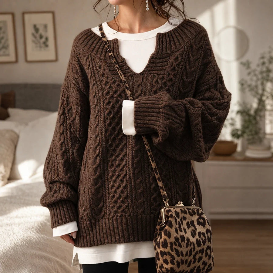 Layerella – Cable-Knit Mock-Layer V-Neck Sweater