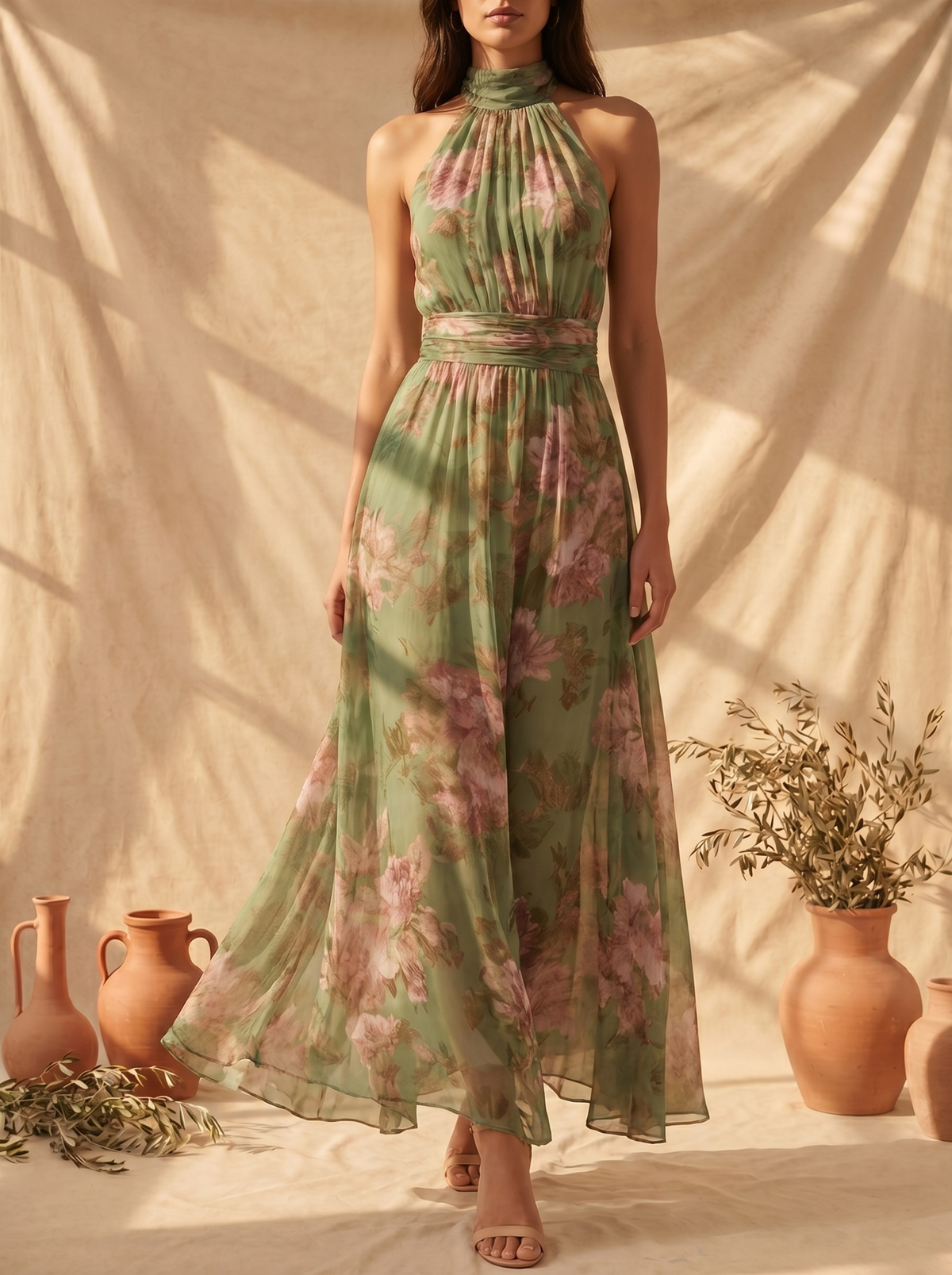 Lidia | Abito Lungo Donna in Lino con Collo Halter