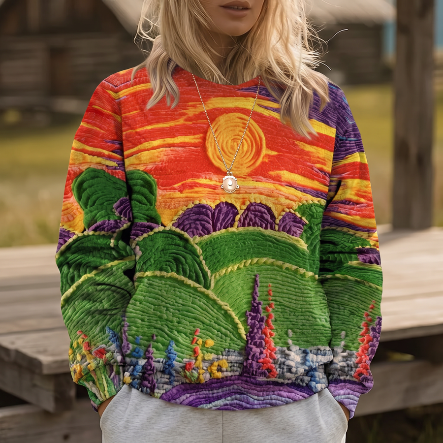 RAVELLA | SUNBURST LANDSCAPE PRINT RELAXED-FIT JUMPER