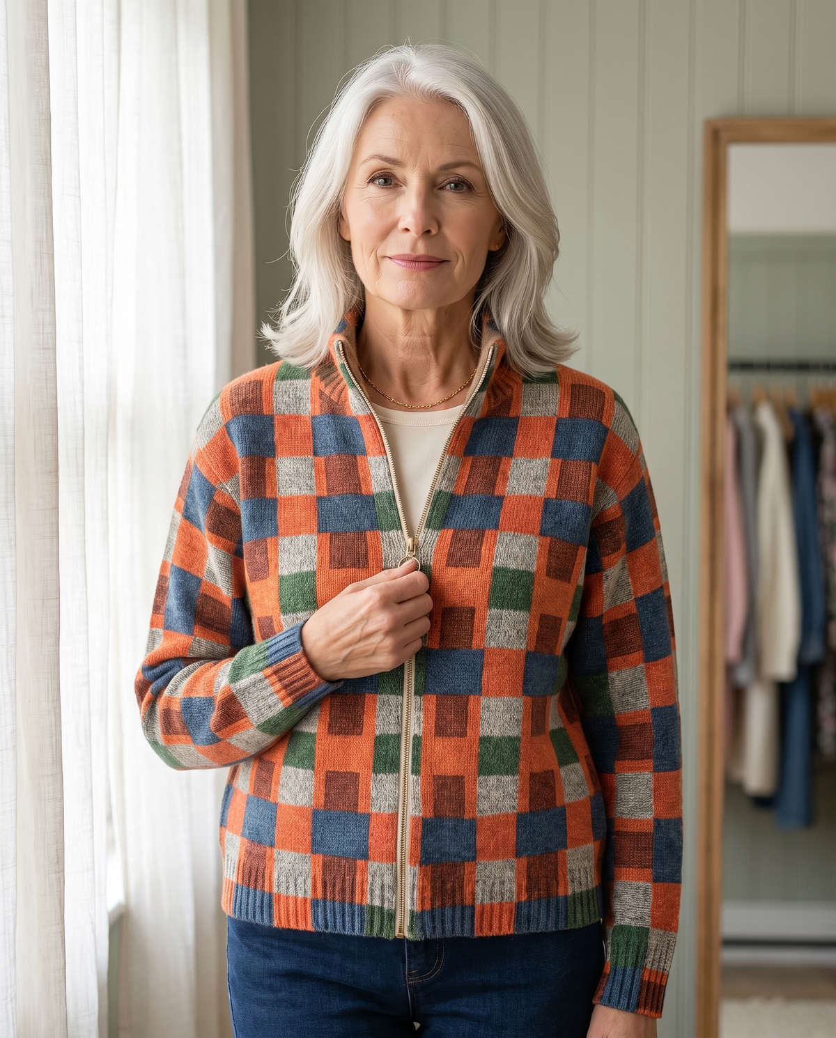 BRYONY | PATCHWORK CHECK ZIP CARDIGAN