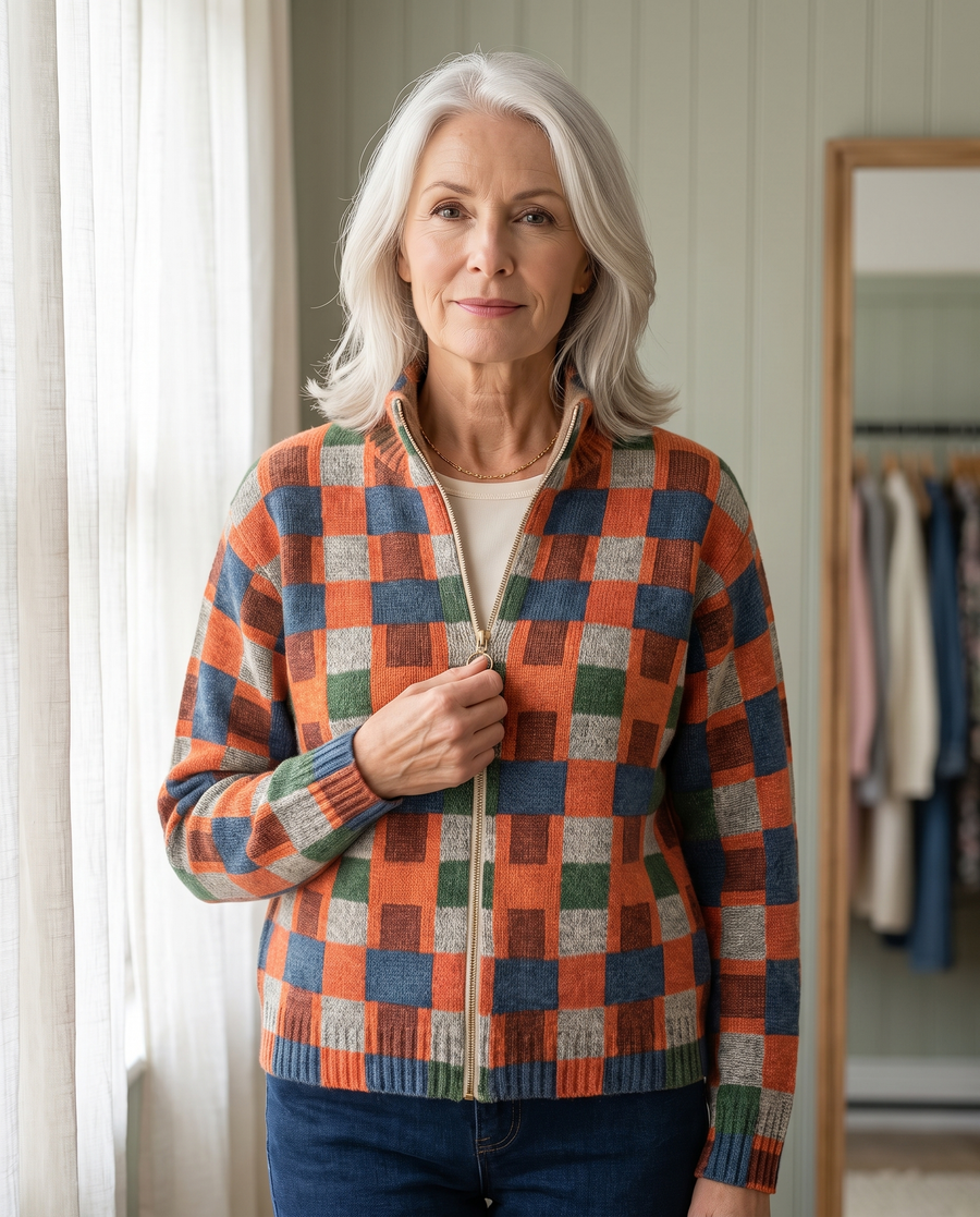 BRYONY | PATCHWORK CHECK ZIP CARDIGAN