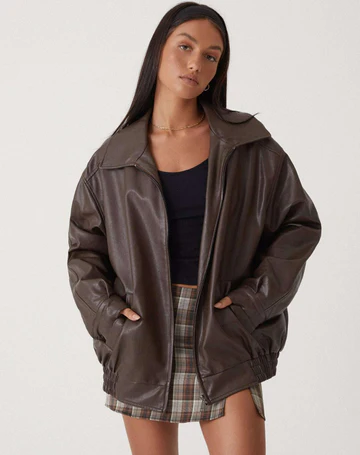 Women's Oversized Leather Jacket with Collar