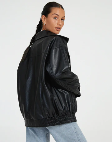 Women's Oversized Leather Jacket with Collar
