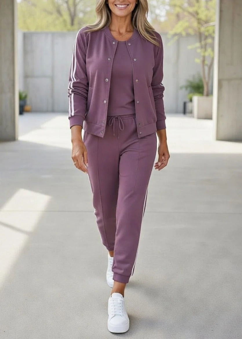 Aceda | Sporty Three-Piece Set with Button Jacket and Side Stripes