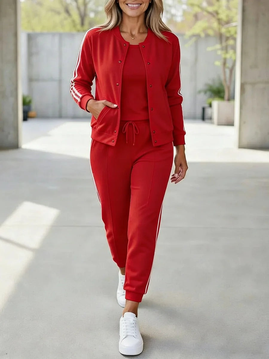 Aceda | Sporty Three-Piece Set with Button Jacket and Side Stripes