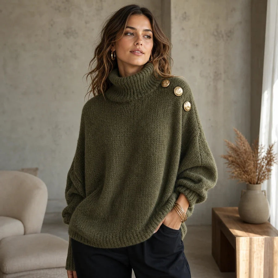 Aurelle – Gold Button Shoulder Knit Turtleneck Sweater