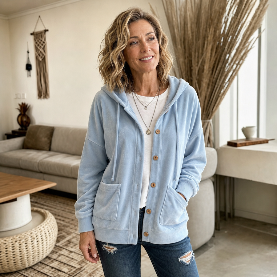 Coziva – Hooded Button-Front Velour Cardigan