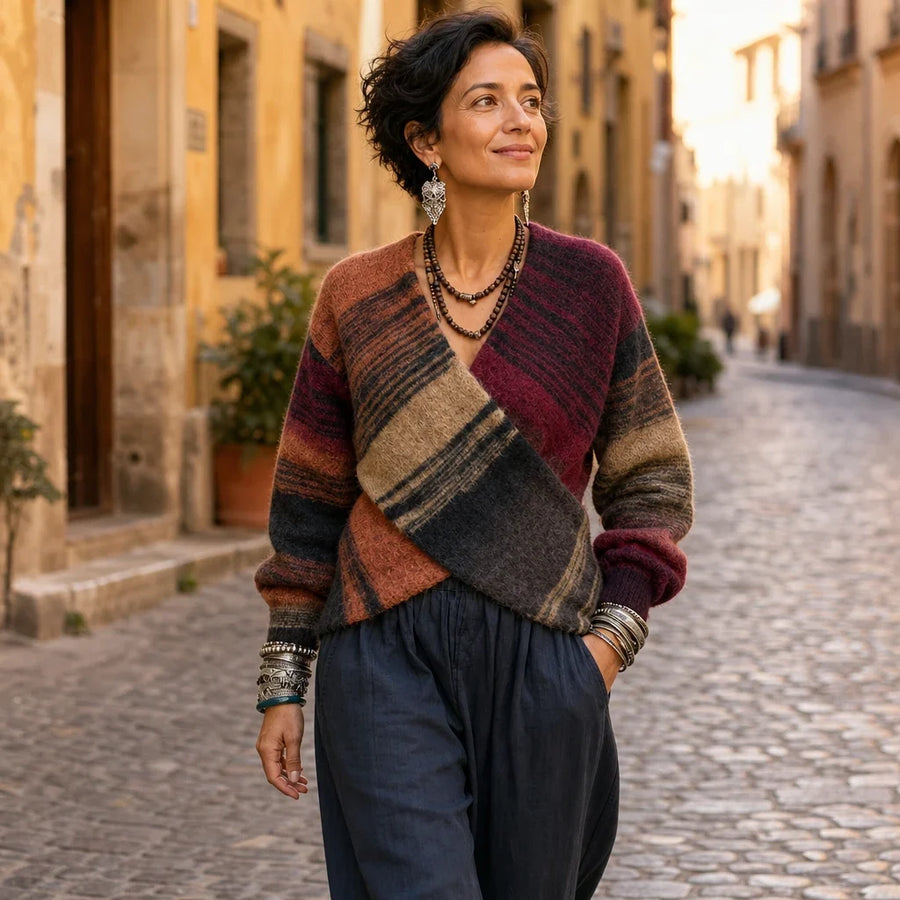 Wearbella – Multicolor Faux-Wrap Striped Knit Sweater