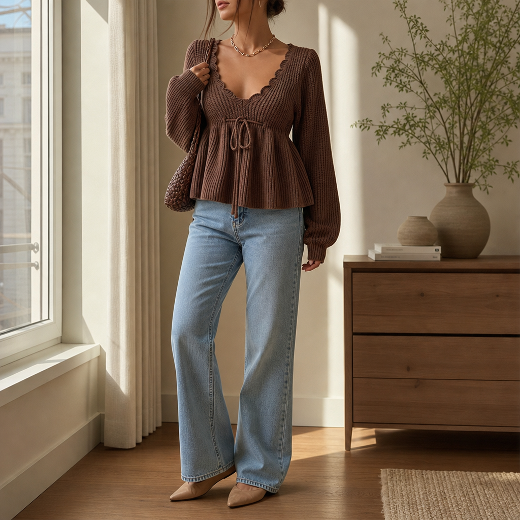 Vela Knit – Ribbed V-Neck Drawstring Sweater