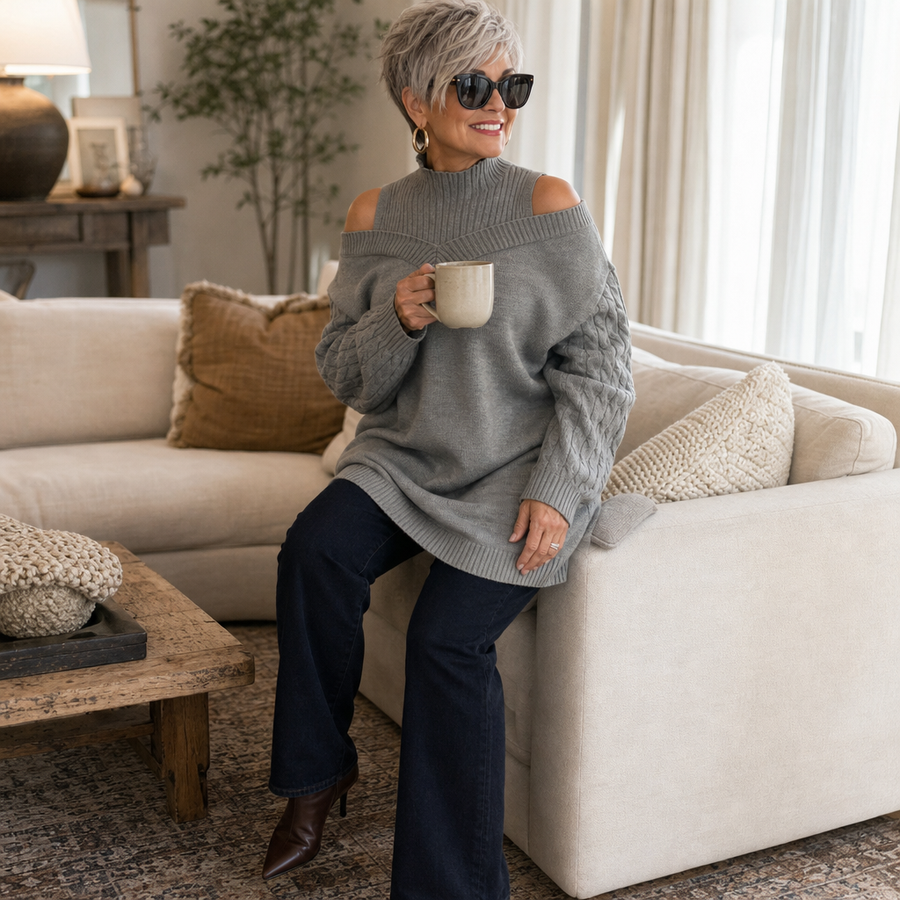 Veluna – Off-Shoulder Cable-Knit Sweater
