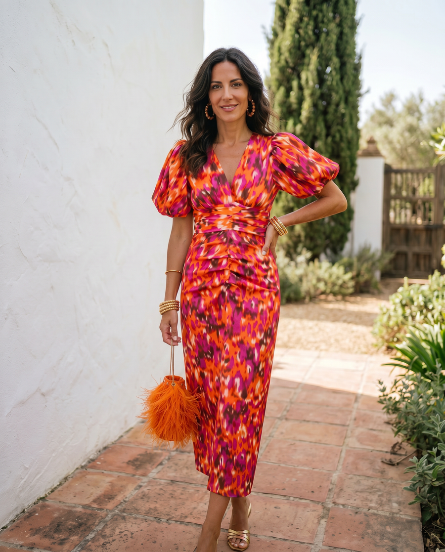Carla | Abito Midi Donna Floreale con Maniche a Sbuffo