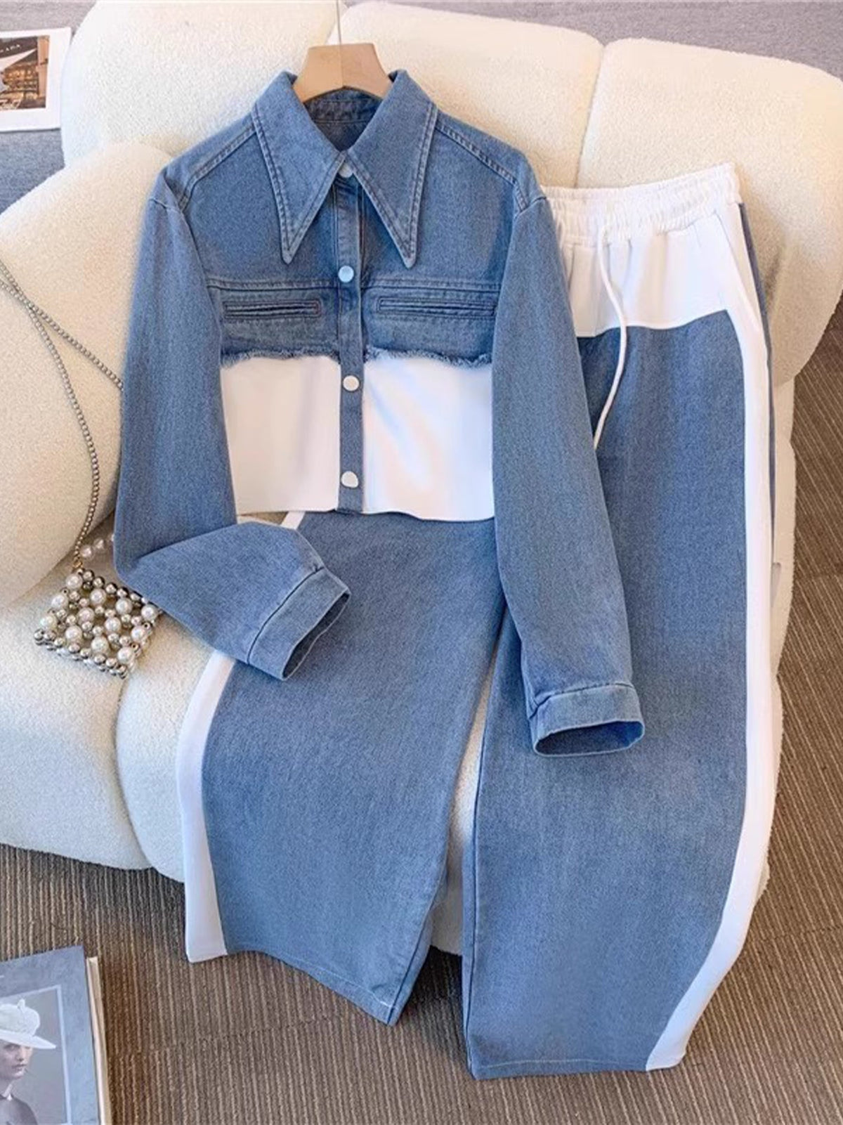 Danielle | Colorblock Cropped Jacket & Wide Leg Pants Set