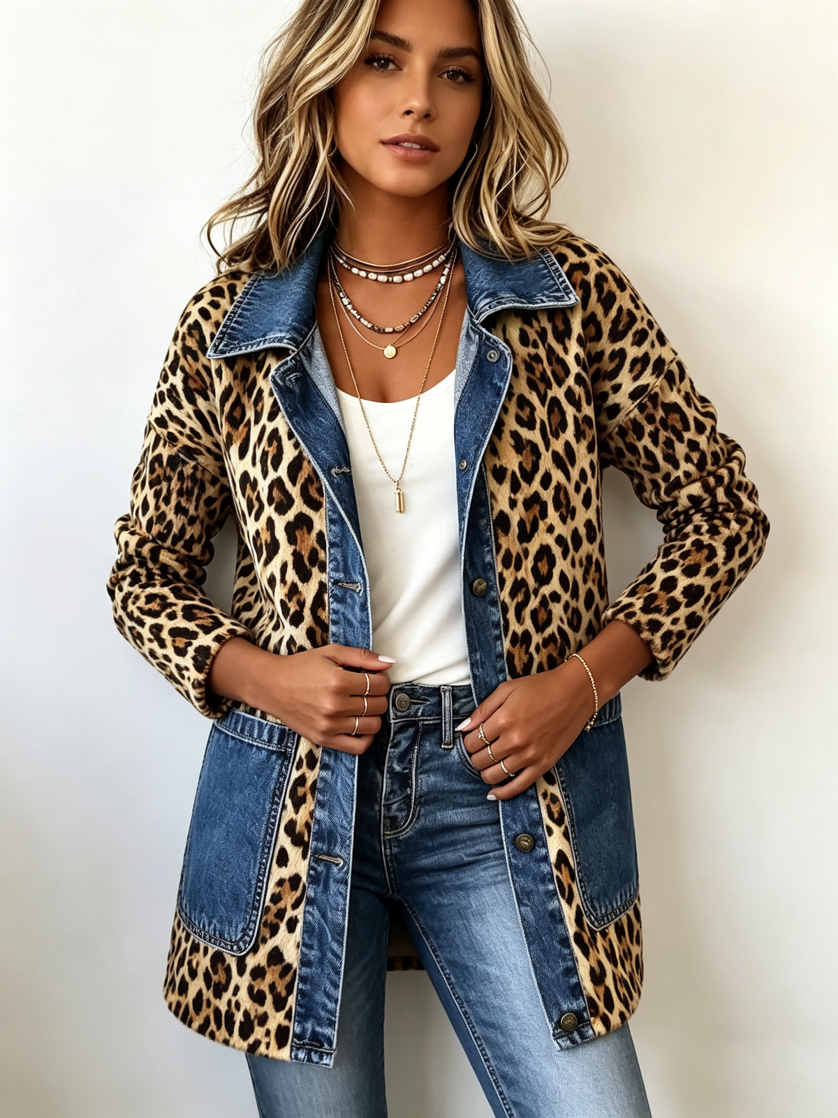 Lorena | Long Leopard Jacket with Denim Trim