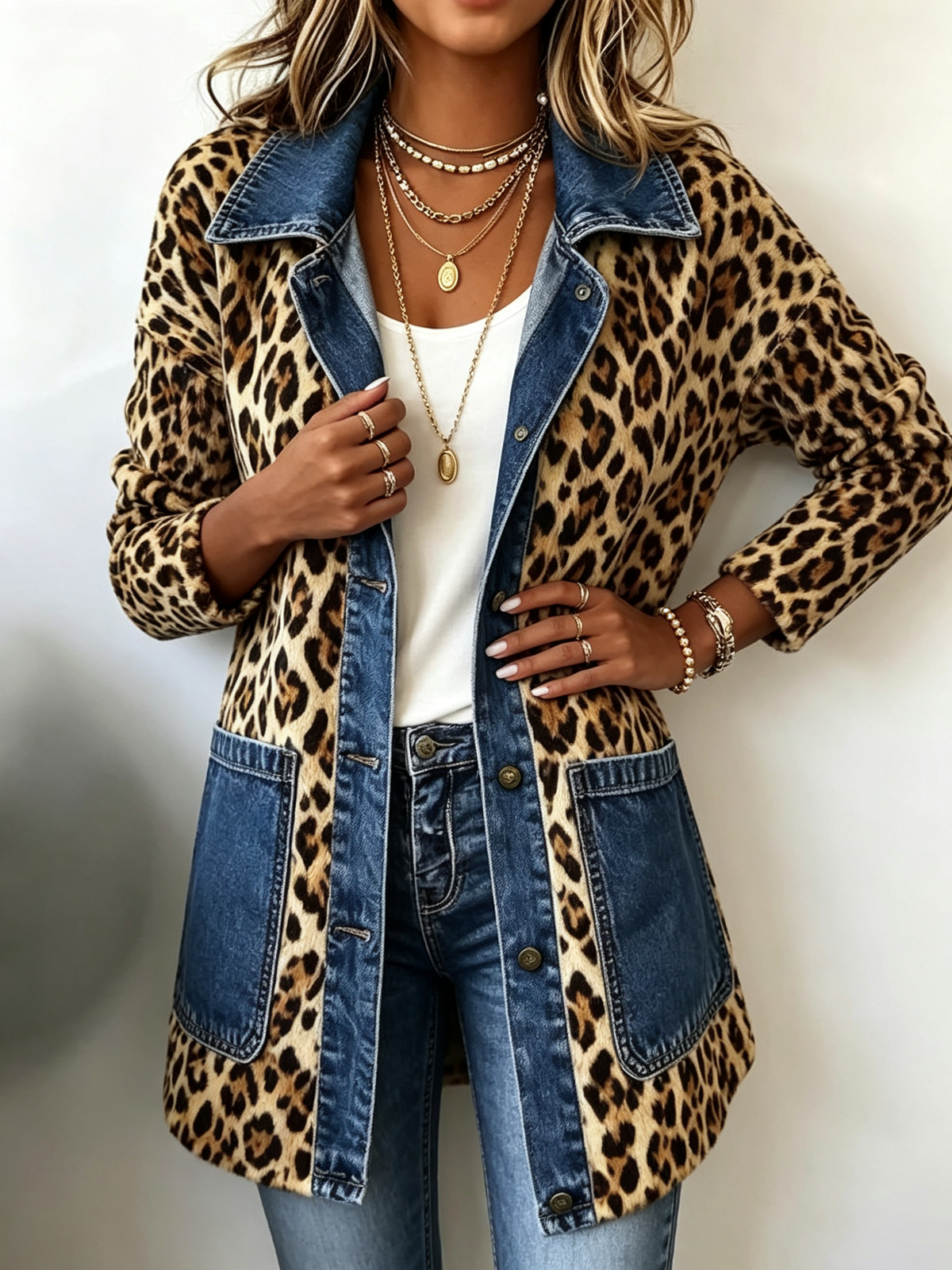 Madeleine | Leopard Print Denim Panel Contrast Longline Coat