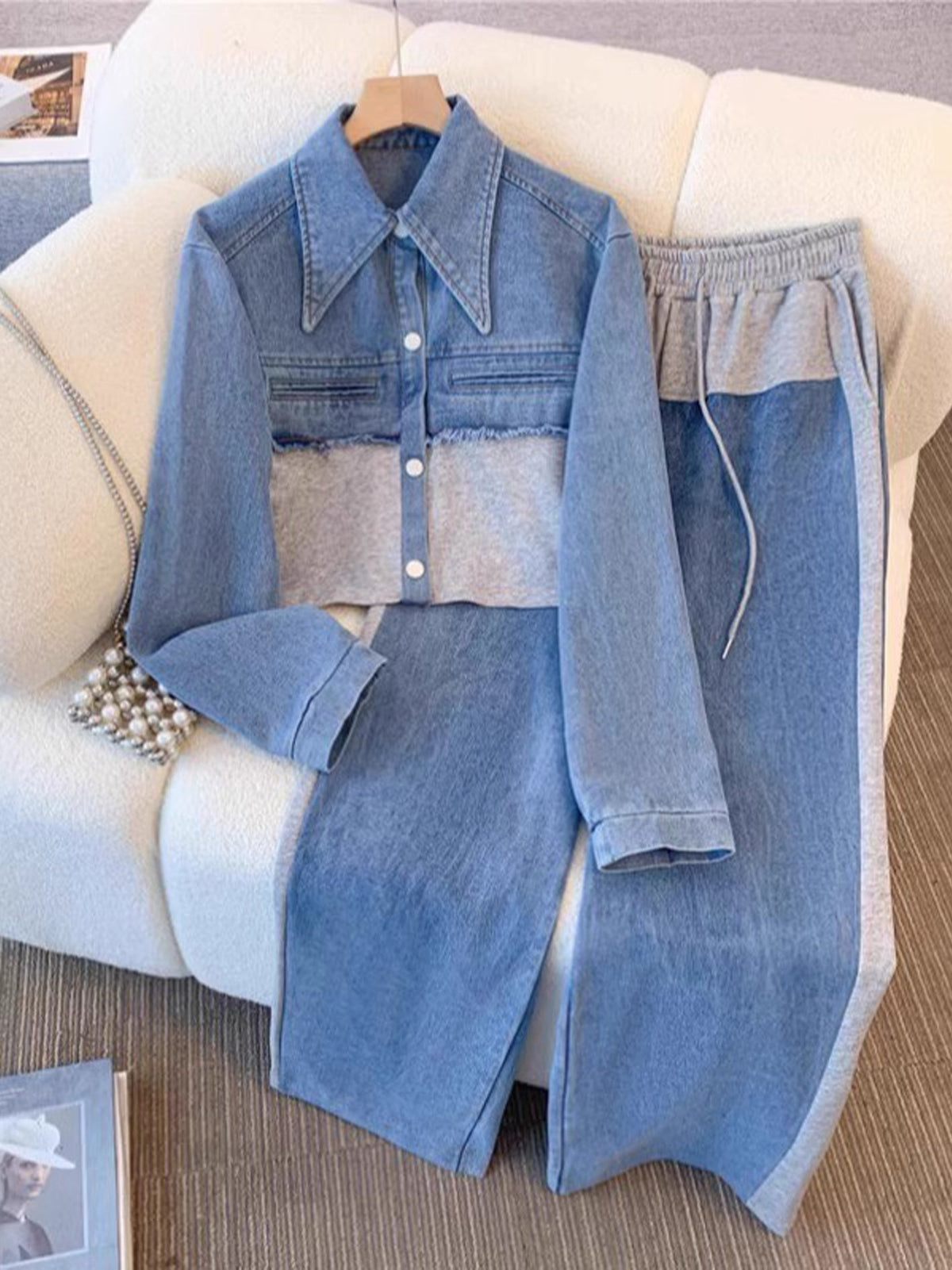 Danielle | Colorblock Cropped Jacket & Wide Leg Pants Set