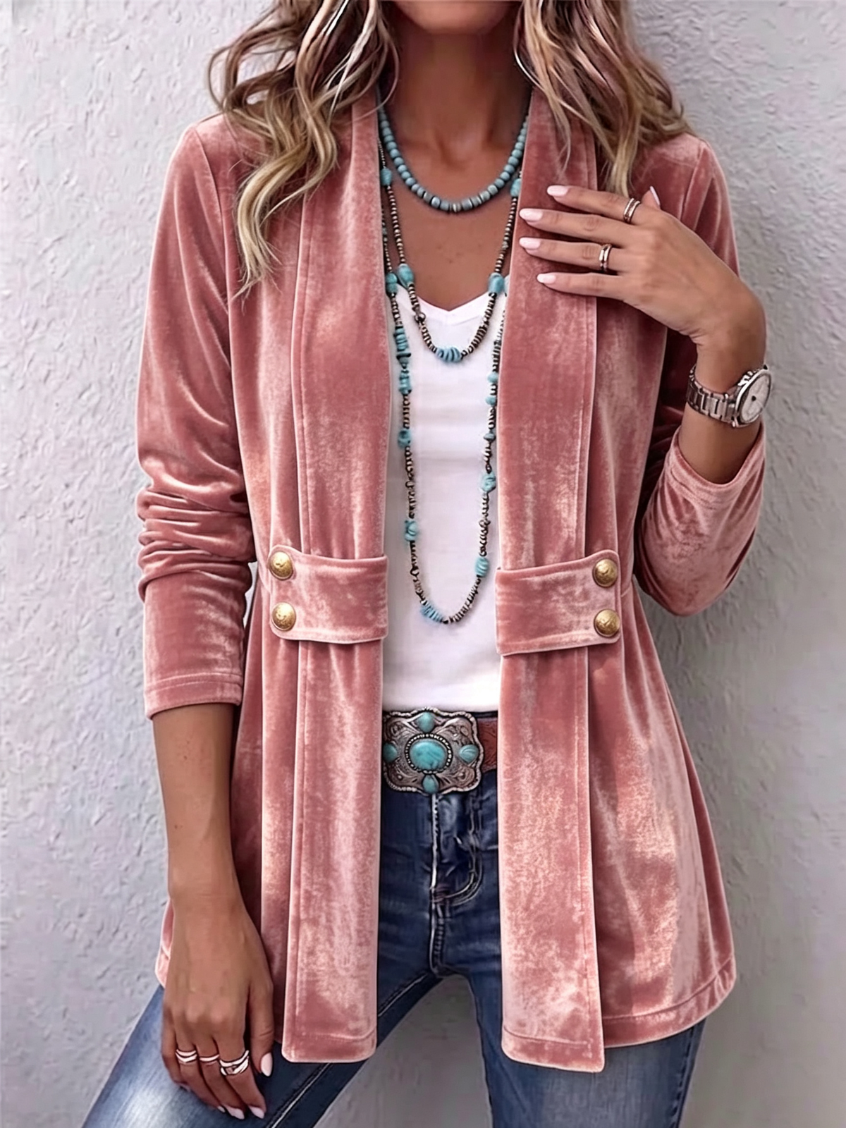 Renée | Vintage Reverse Button Detail Long Sleeve Open Coat