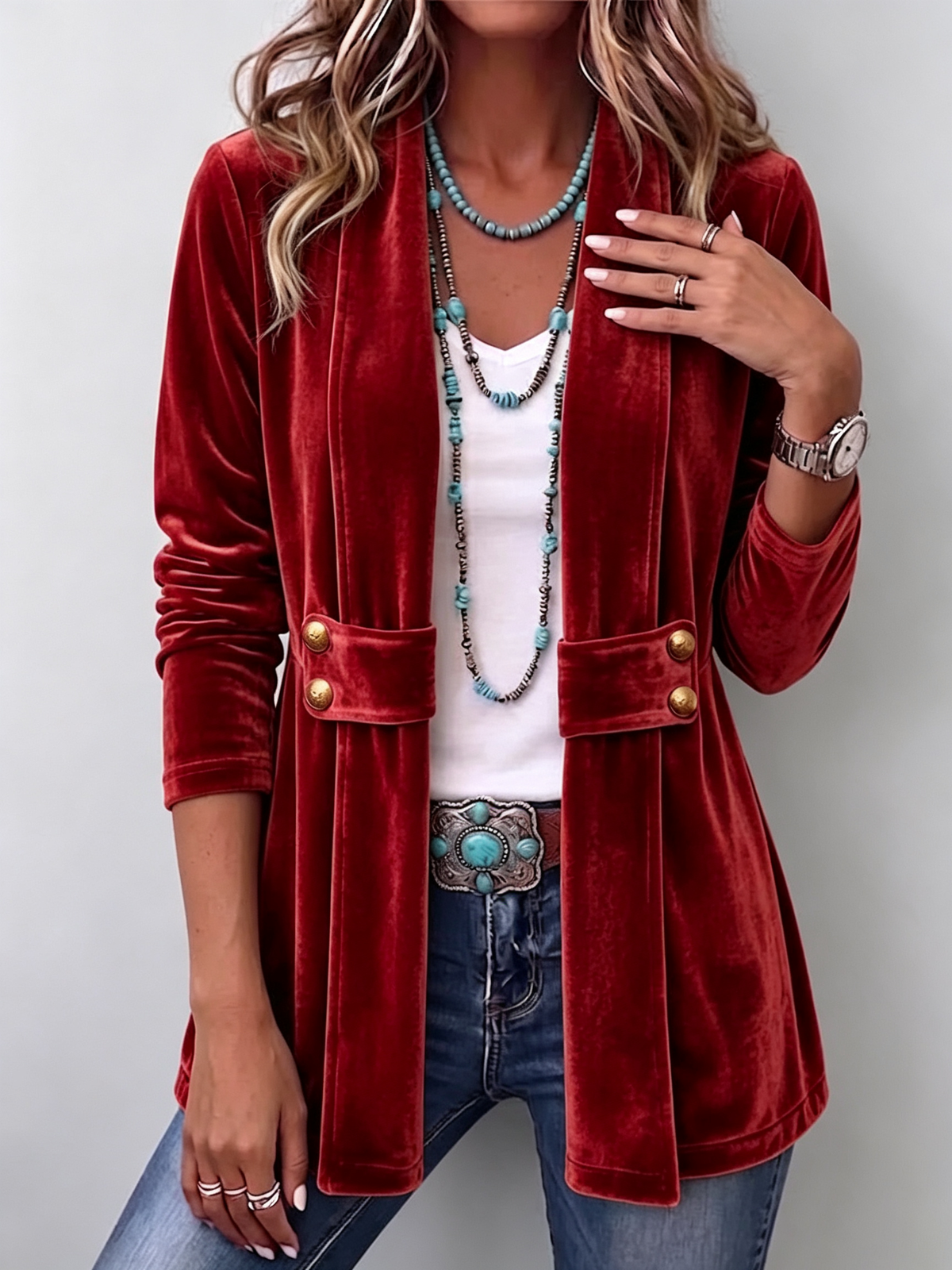 Renée | Vintage Reverse Button Detail Long Sleeve Open Coat