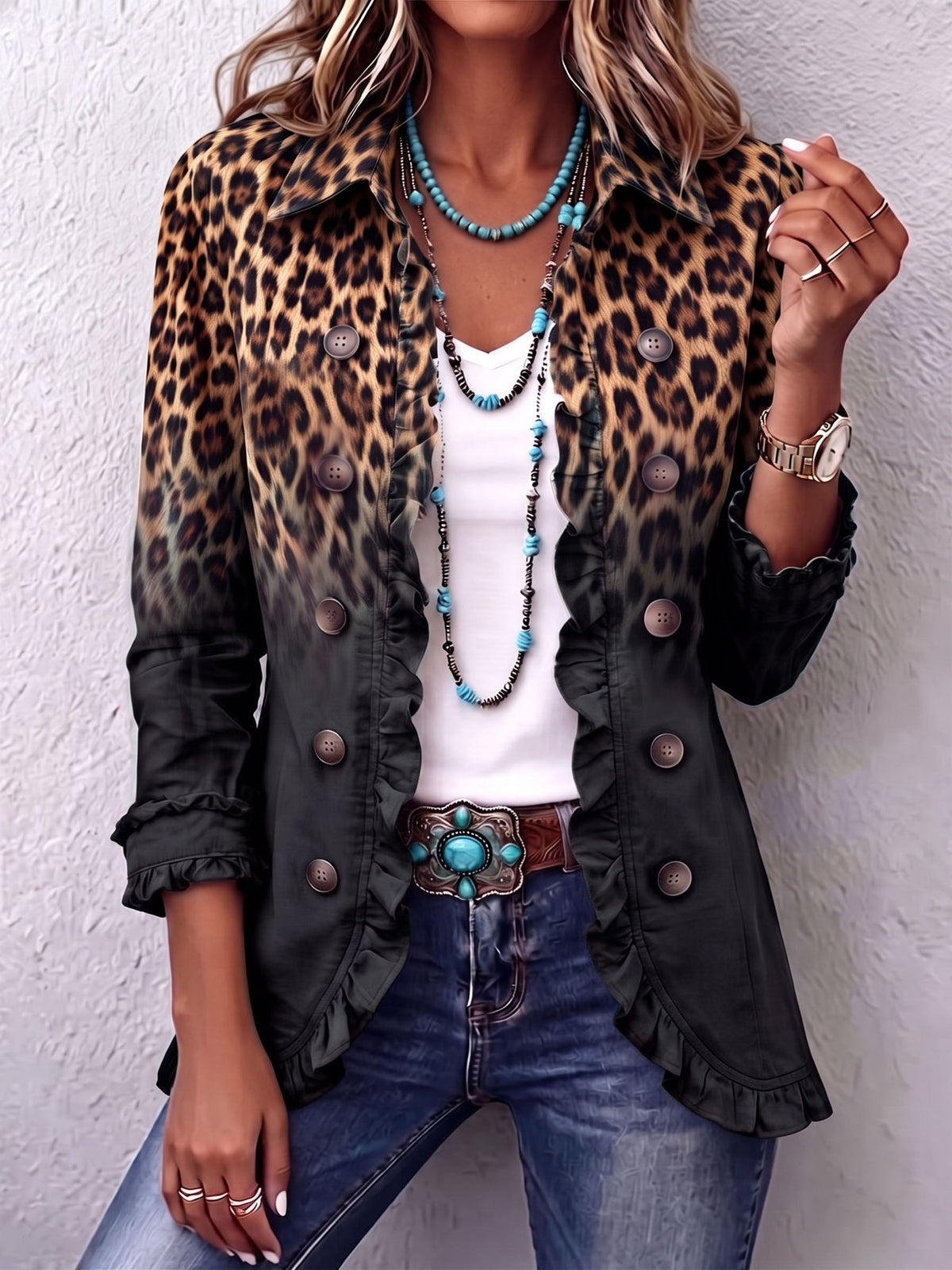 Sabina | Ruffled Leopard Blazer Jacket in Noir