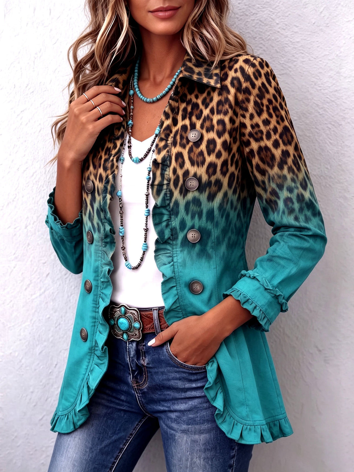 Dominique | Leopard Ombre Ruffle Blazer Jacket