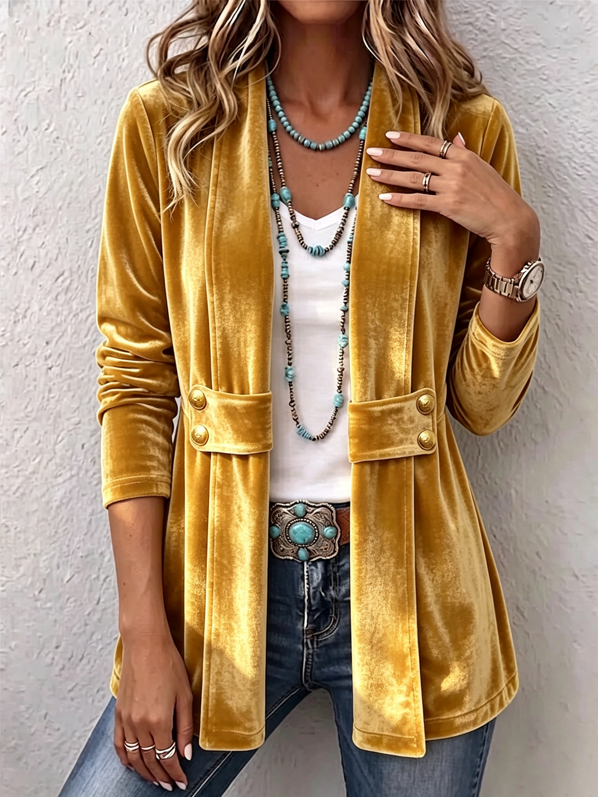 Renée | Vintage Reverse Button Detail Long Sleeve Open Coat