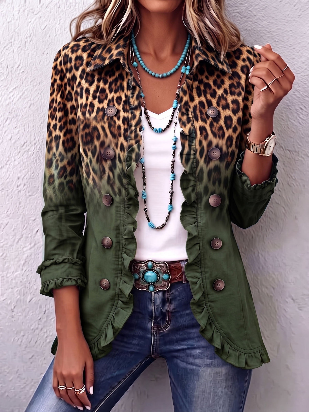 Dominique | Leopard Ombre Ruffle Blazer Jacket