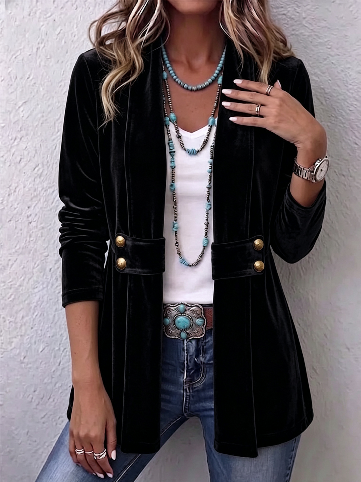 Renée | Vintage Reverse Button Detail Long Sleeve Open Coat