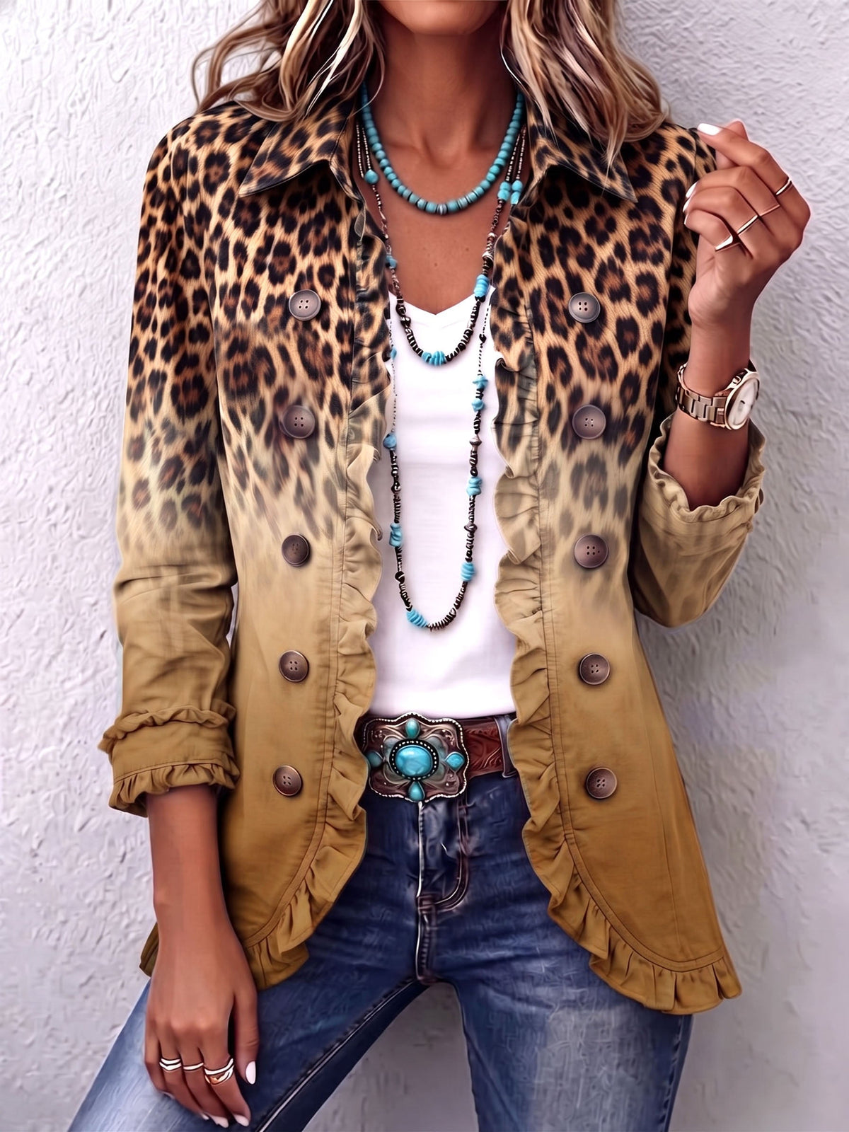 Dominique | Leopard Ombre Ruffle Blazer Jacket
