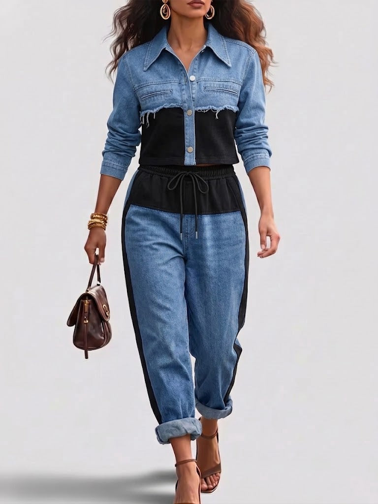 Danielle | Colorblock Cropped Jacket & Wide Leg Pants Set