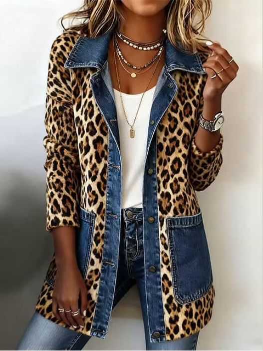 Madeleine | Leopard Print Denim Panel Contrast Longline Coat