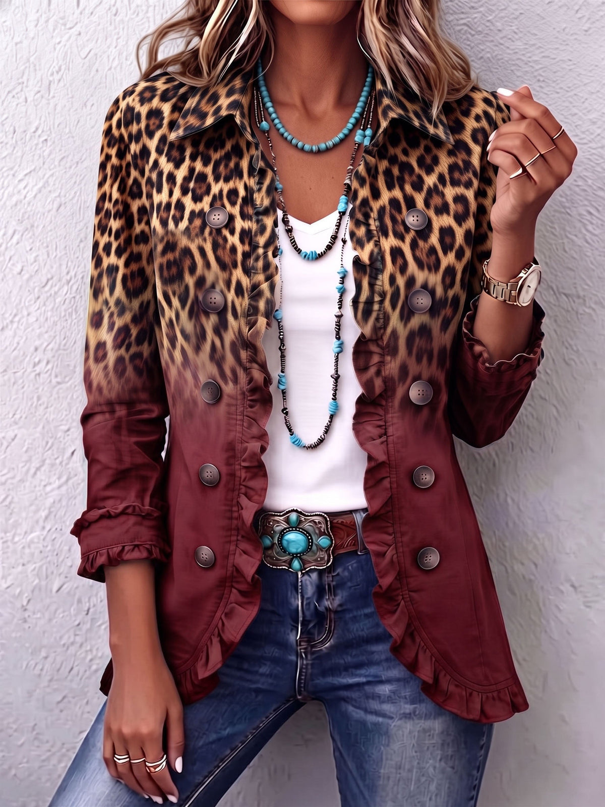 Tomasa | Ruffled Leopard Blazer Jacket in Vin