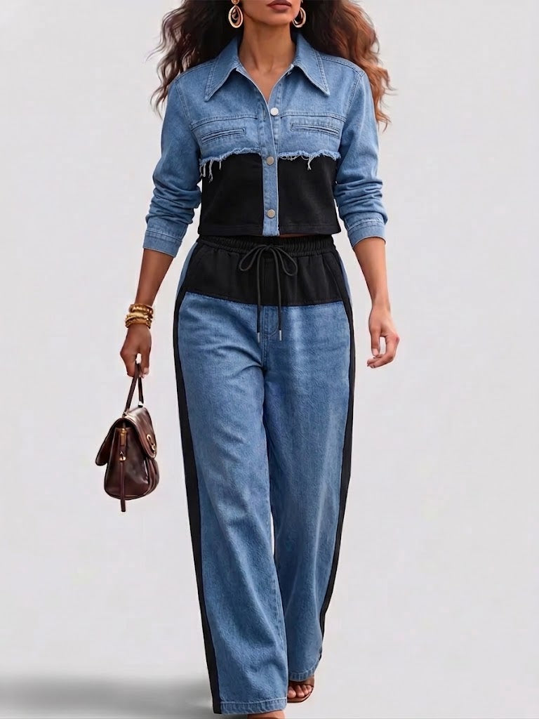 Danielle | Colorblock Cropped Jacket & Wide Leg Pants Set