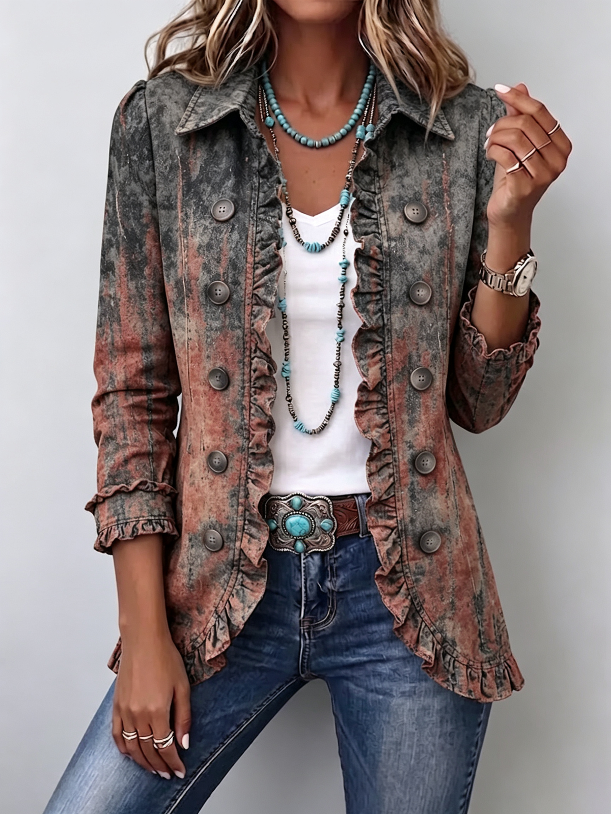 Jeannette | Vintage Gradient Textured Print Ruffles Jacket