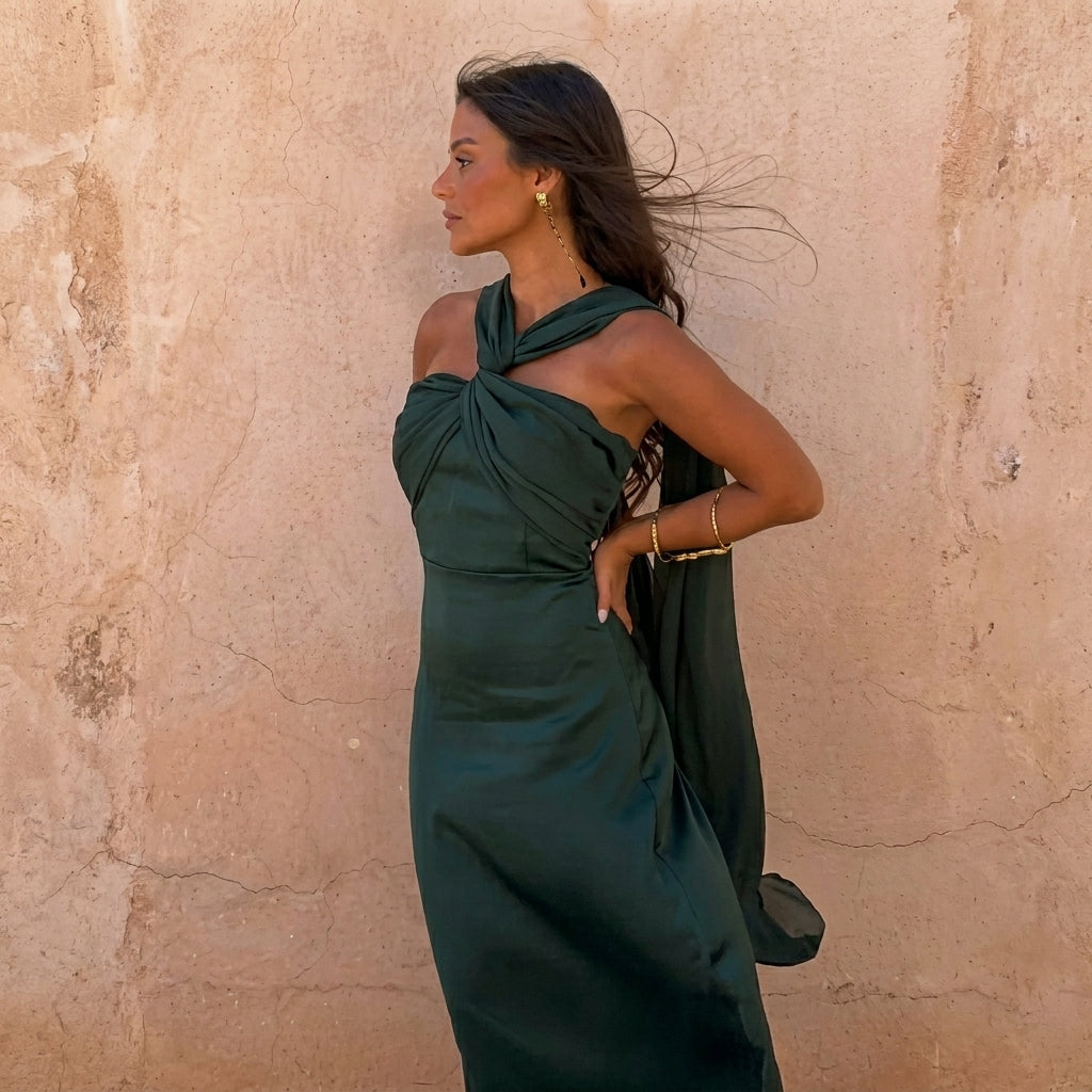 Aloe | Abito Midi Donna con Scollo Incrociato Asimmetrico