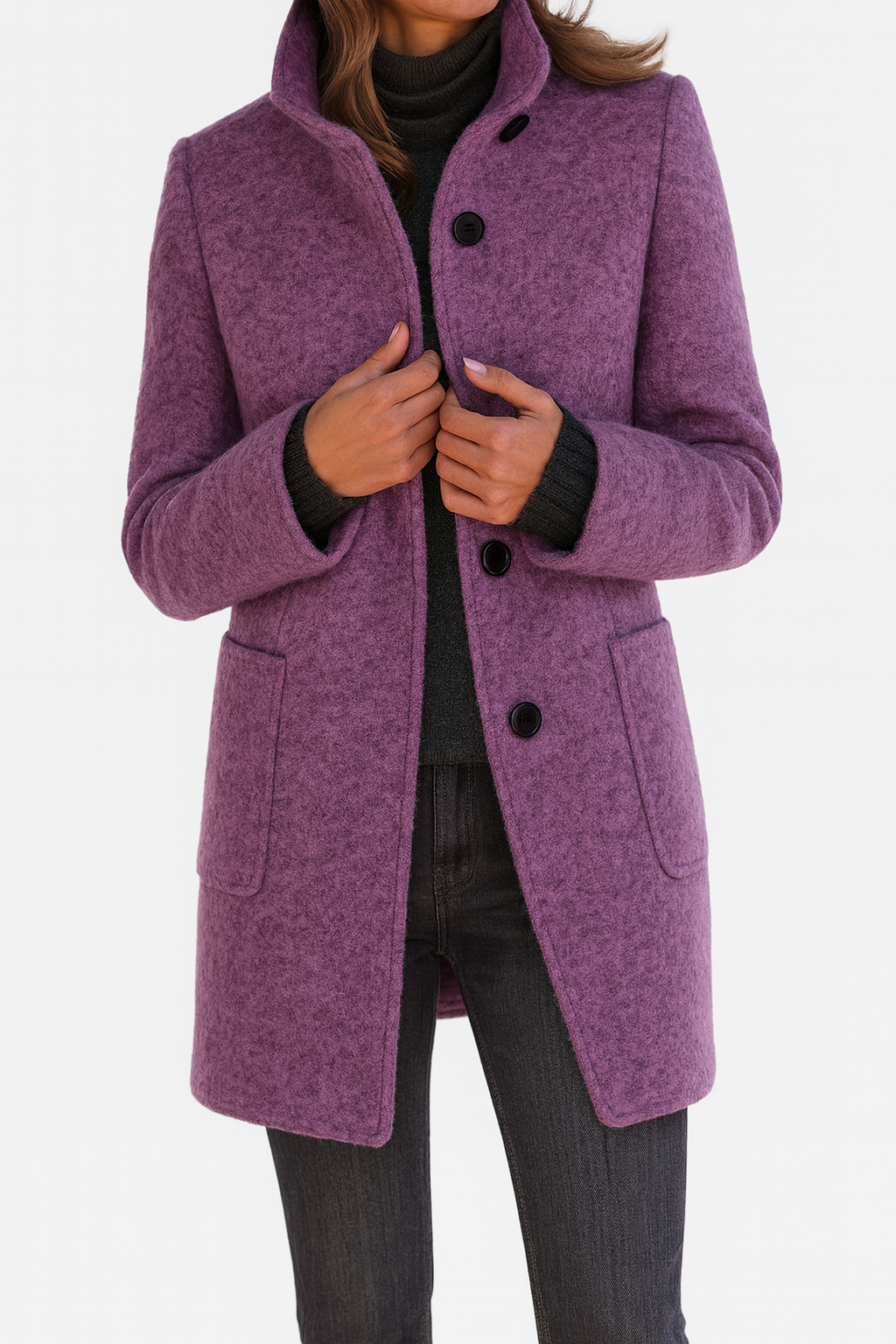 Women's Stand Collar Coat with Button Front and Patch Pockets